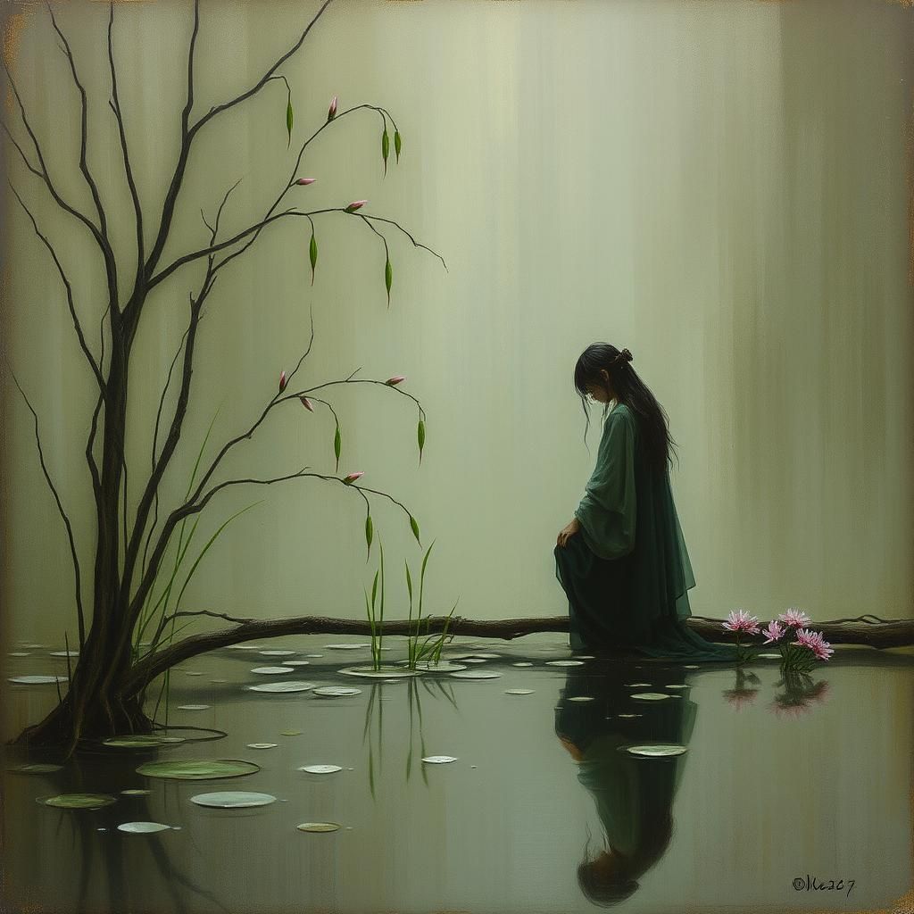 Enchanting Willow Waterside Scene in Fantasy Art Style