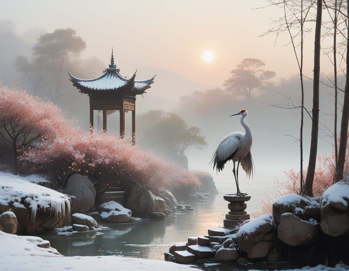 Winter Moon Pagoda Crane: A Haenraets-Style Vision