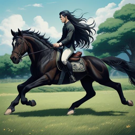 Anime Black Horse With Man Tattoo in Meadow