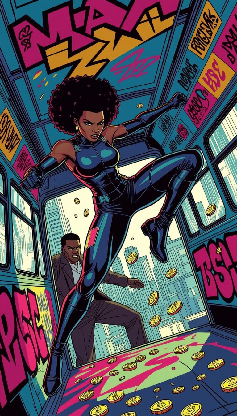 Afrofuturistic Warrior Fight in Graffiti Bus, Comic Book Sty...