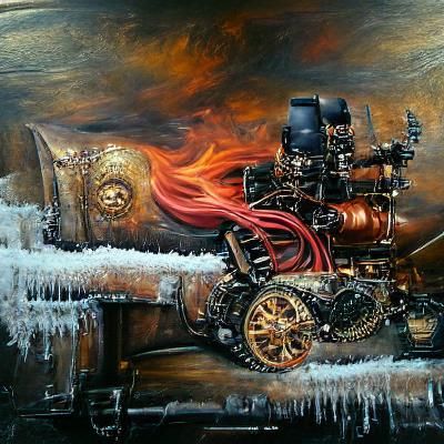Steampunk Engine: Fire and Ice Oil Painting