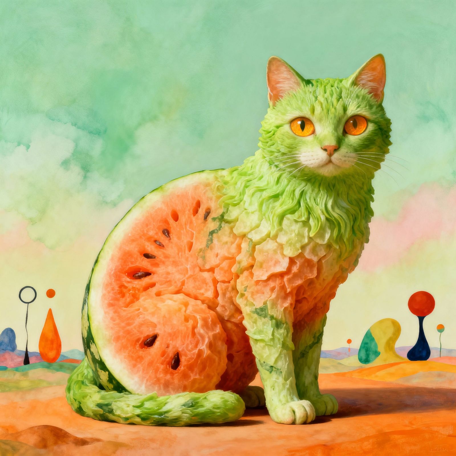 Whimsical Lime-Cat Creature in Surrealist Style
