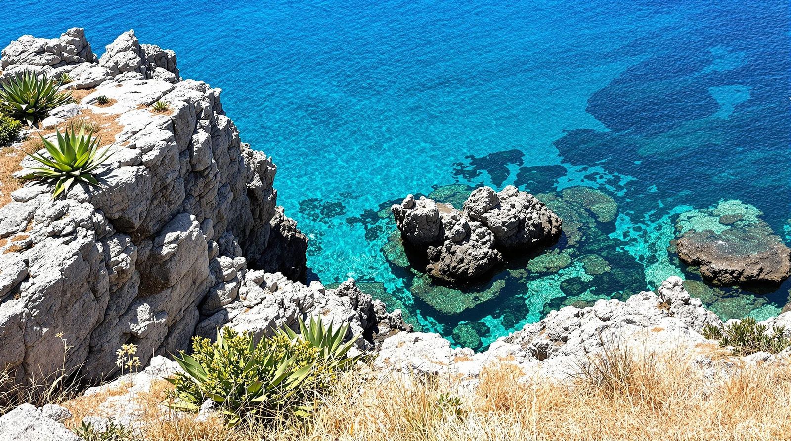 Azure Coastal Scene with Jagged Rock Formations and Vegetati...