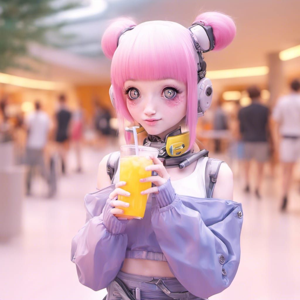 Pink-Haired Cyborg Girl Drinks Lemonade