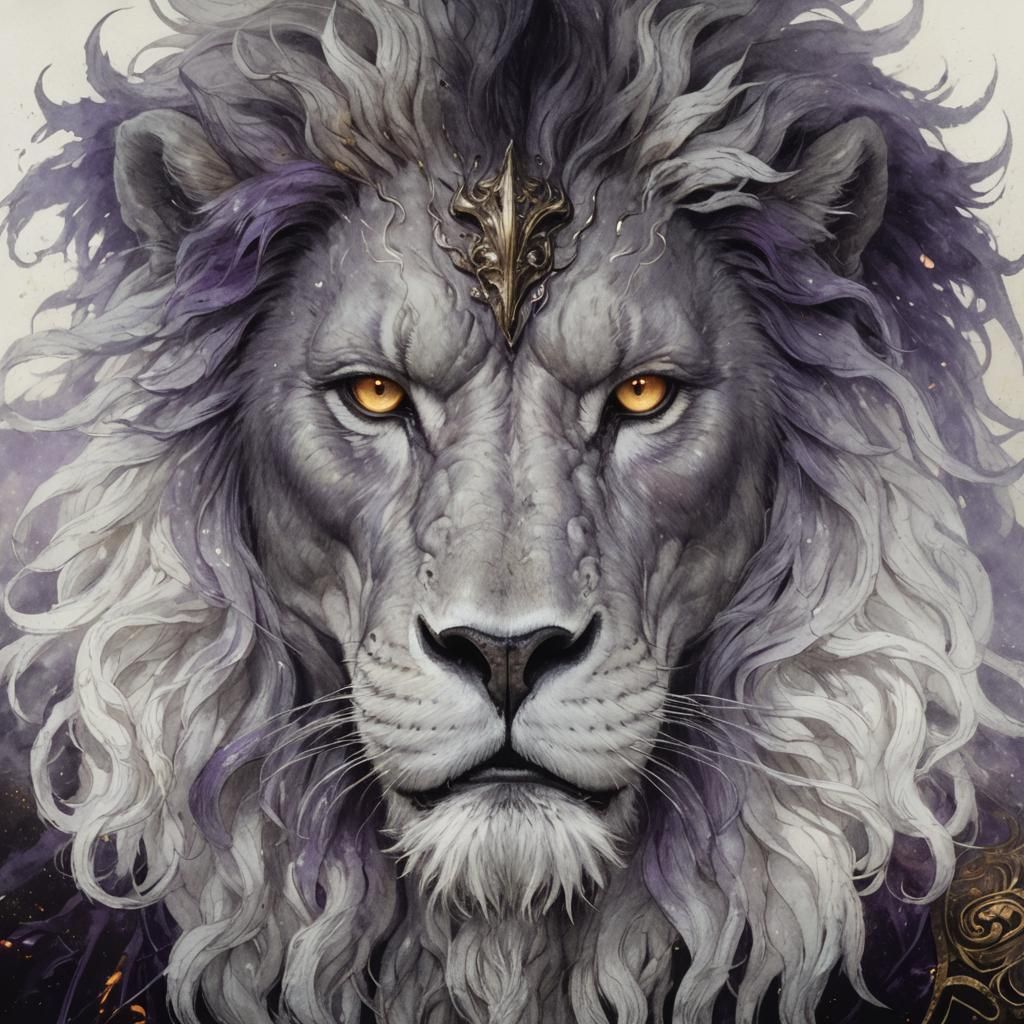 Majestic Manticore with Flaming Mane in Art Nouveau Style