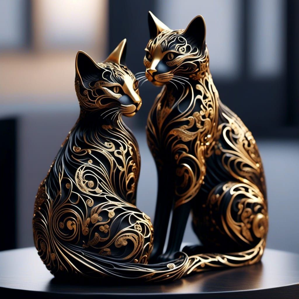Golden Filigree: Black Wood Cat Sculpture