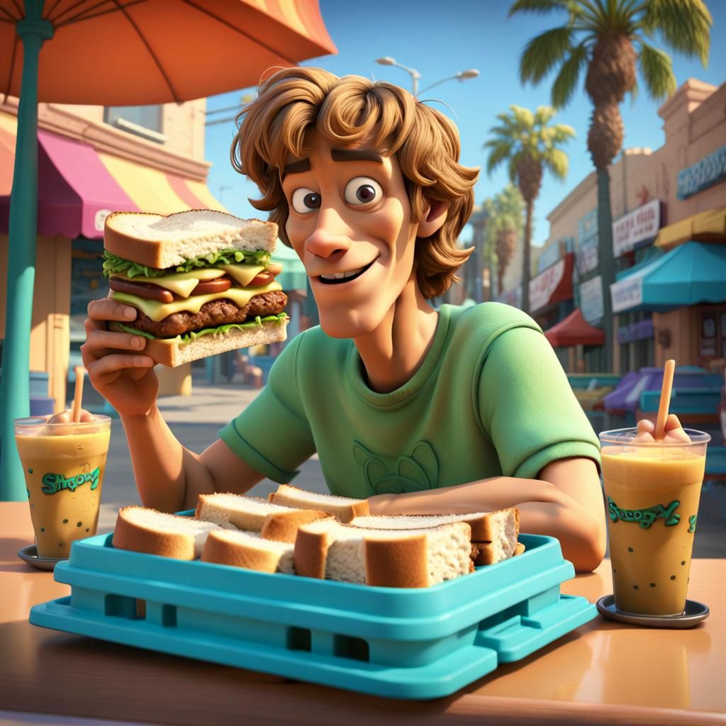 Shaggy rogers eating sandwhiches in long beach