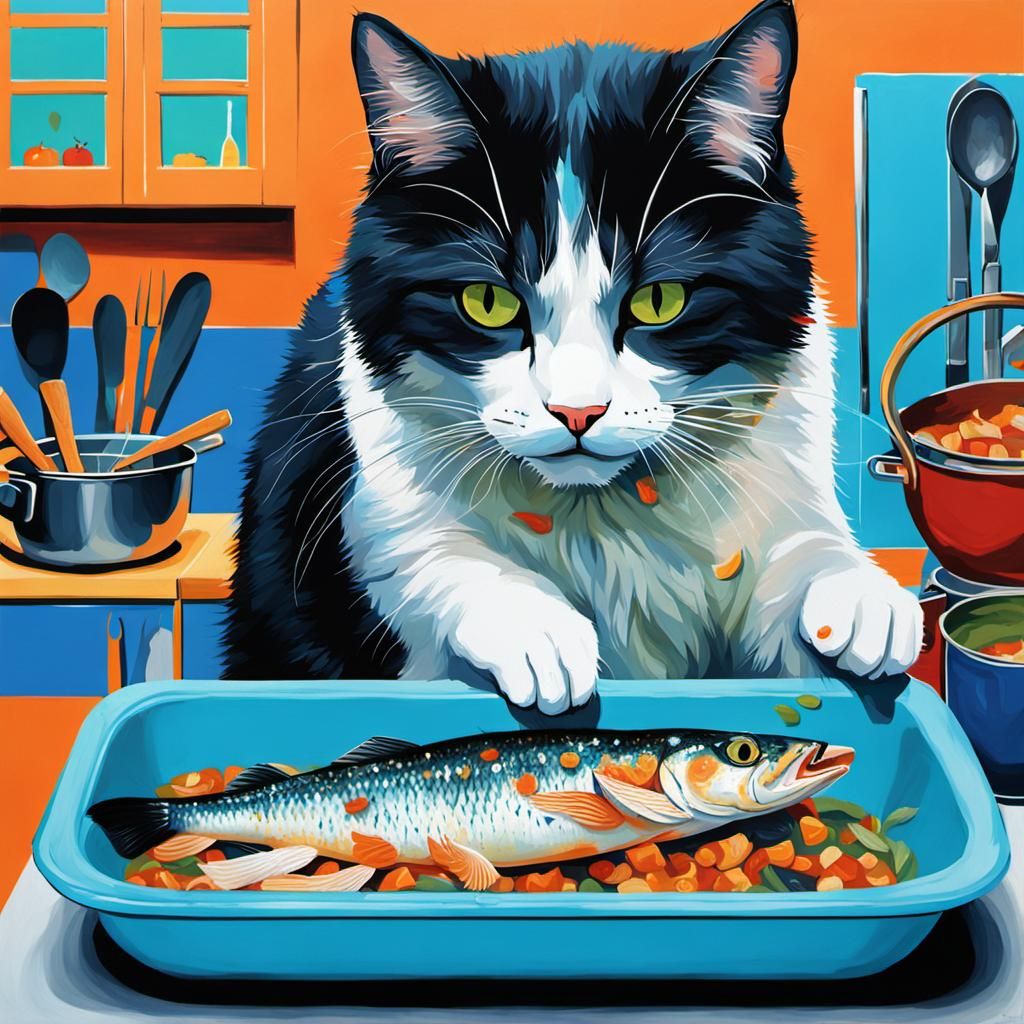Calico Cat Cooking Fish in Kitchen: Abstract Art
