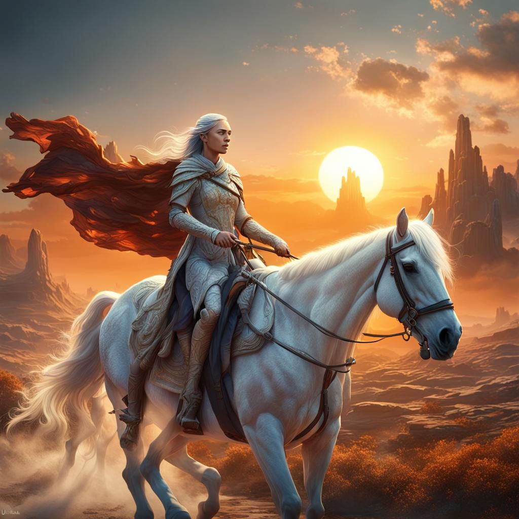 Vulcan Woman on Horseback at Sunset