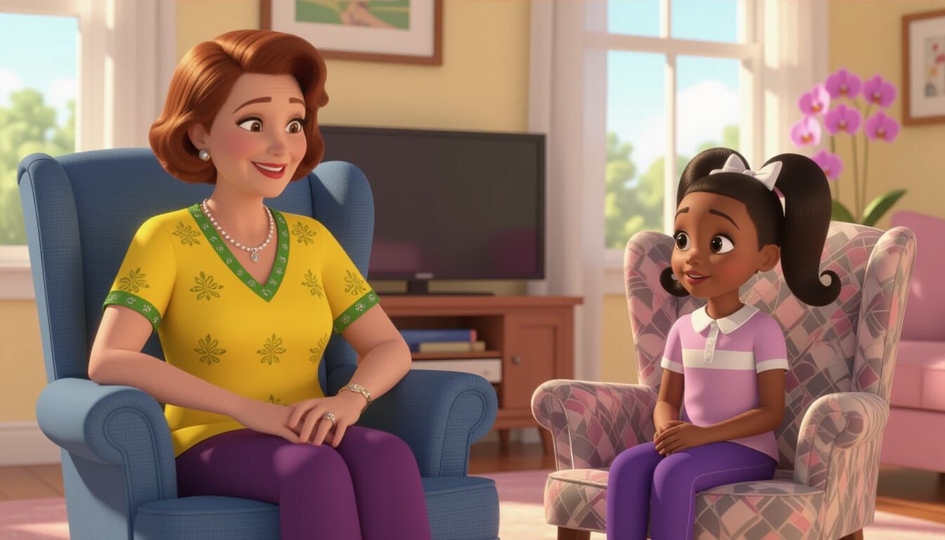 Pixar Style Image of Woman and Student in Living Room