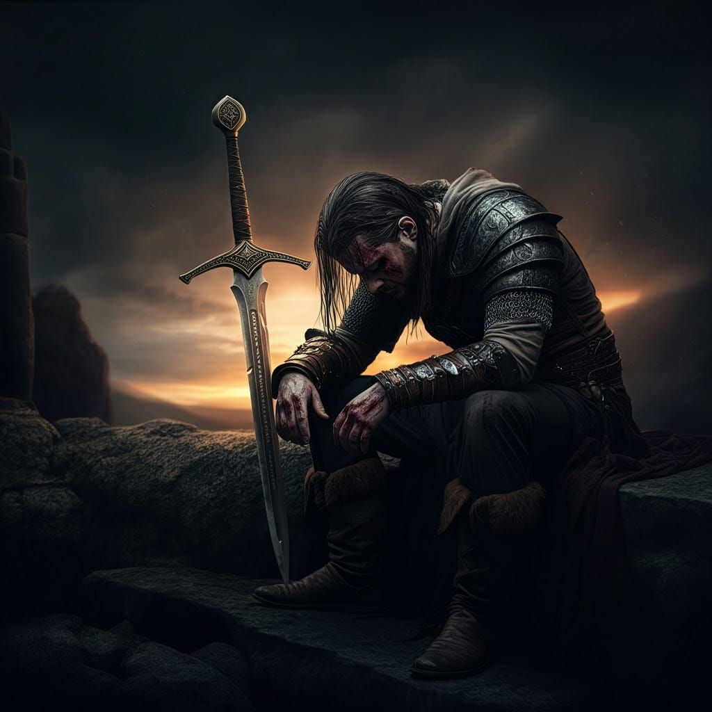 Gritty Dark Fantasy Warrior Contemplates Broken Blade