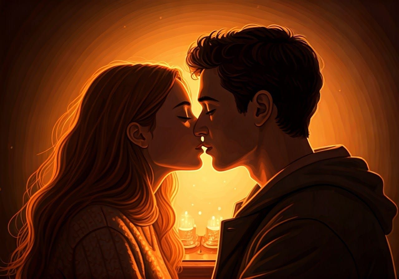 Romantic Couple Kiss in Rockwell, Klimt, Blake Style