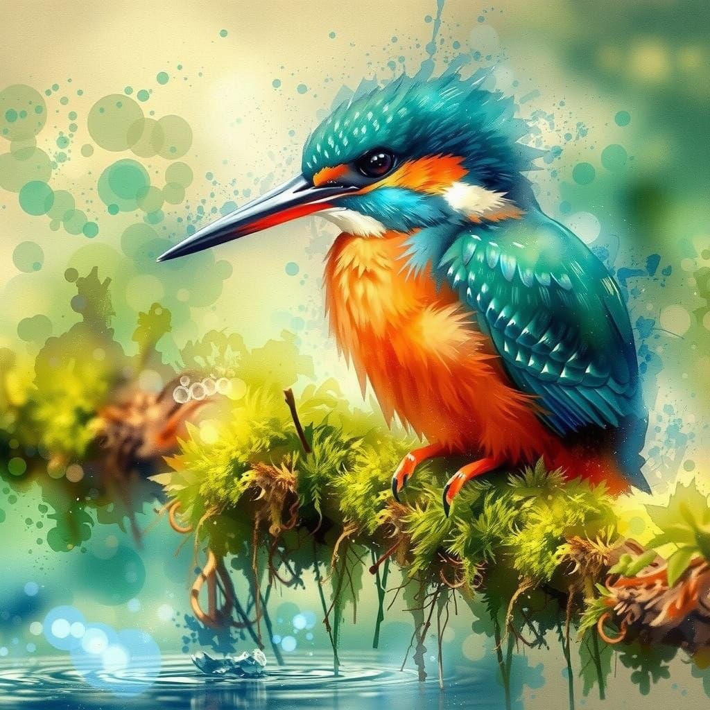 Striking Kingfisher in Watercolor and Oil Style