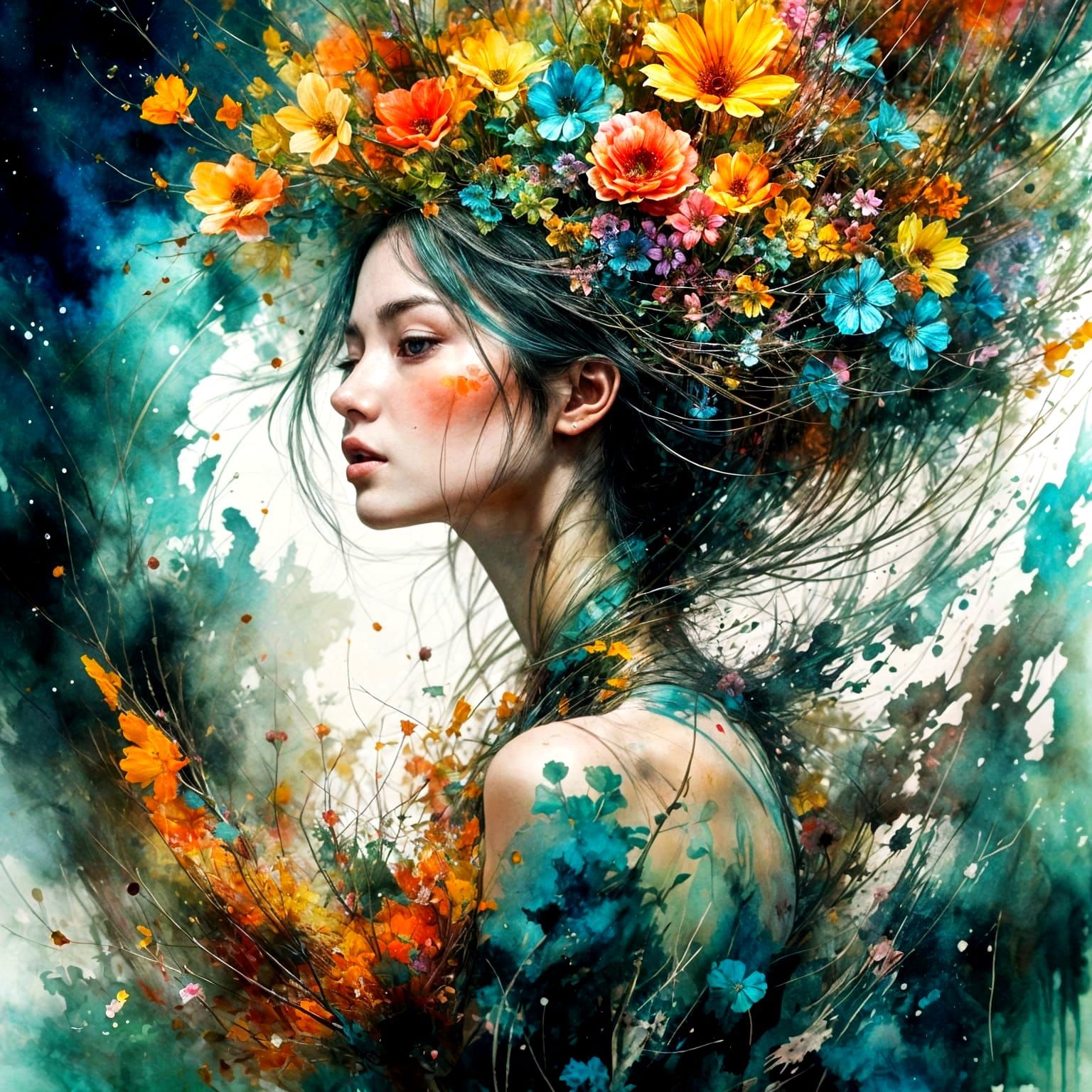 Surreal Portrait of Madness in Watercolor Style