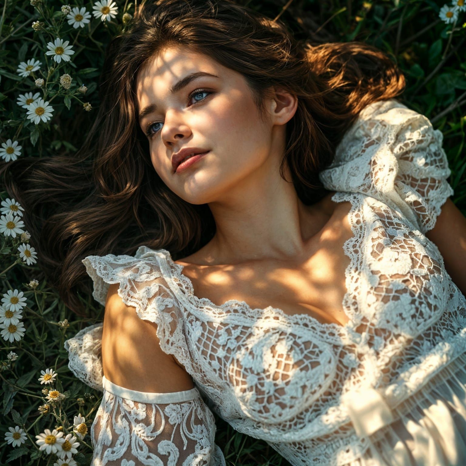 Thoughtful Pre-Raphaelite Girl in Dappled Light
