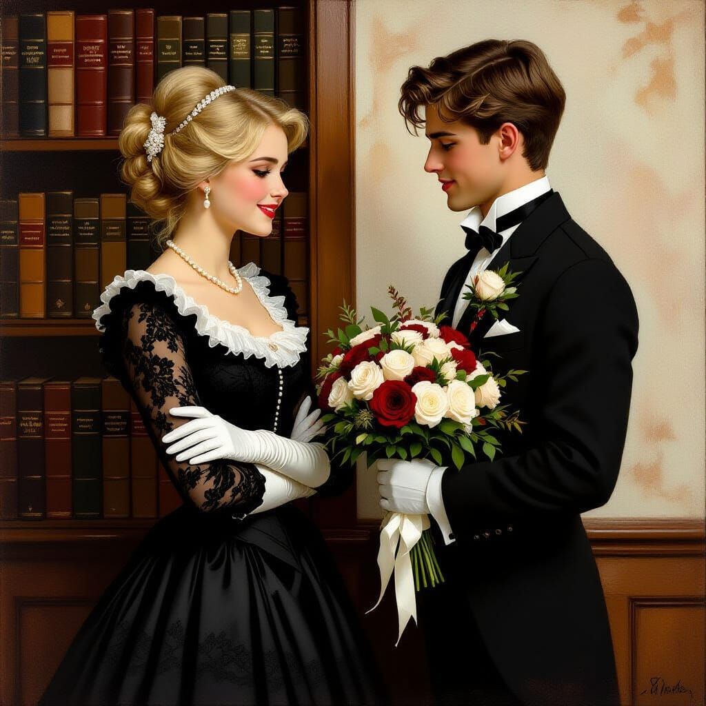 Romantic Oil Painting of Shy Couple with Bookshelf