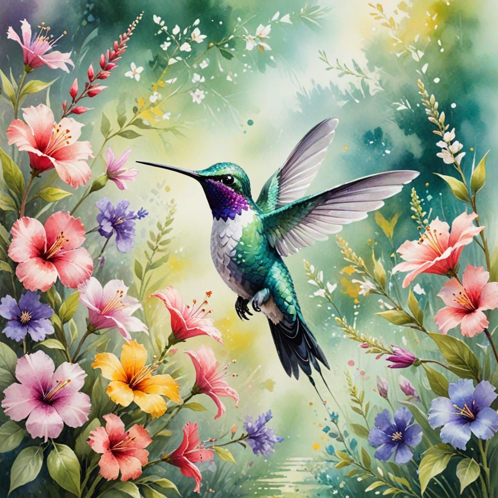 Hummingbird in Spring Garden: Layered Brushwork Watercolor