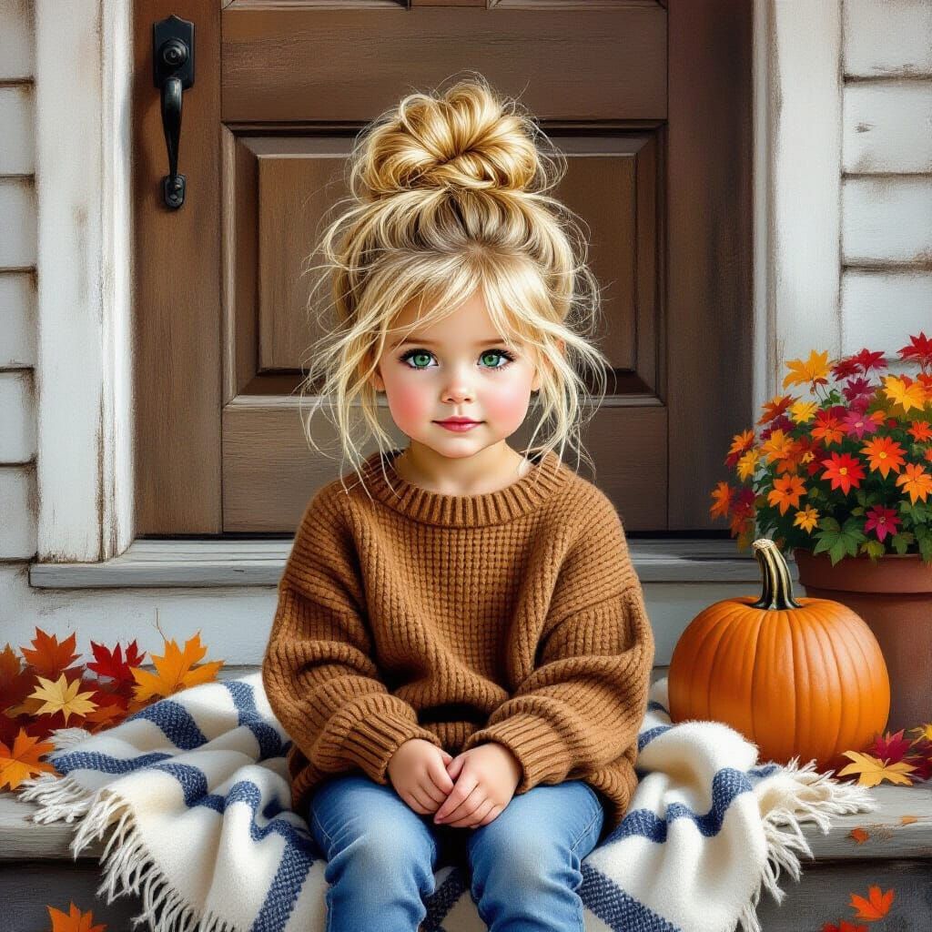 Young Girl on Porch with Fall Decor