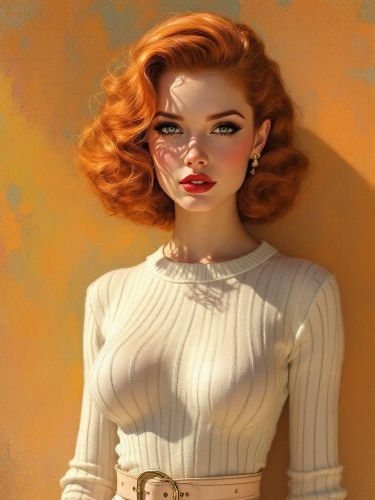 Vintage Redhead Pin-Up with Painterly Impressionist Brushstr...