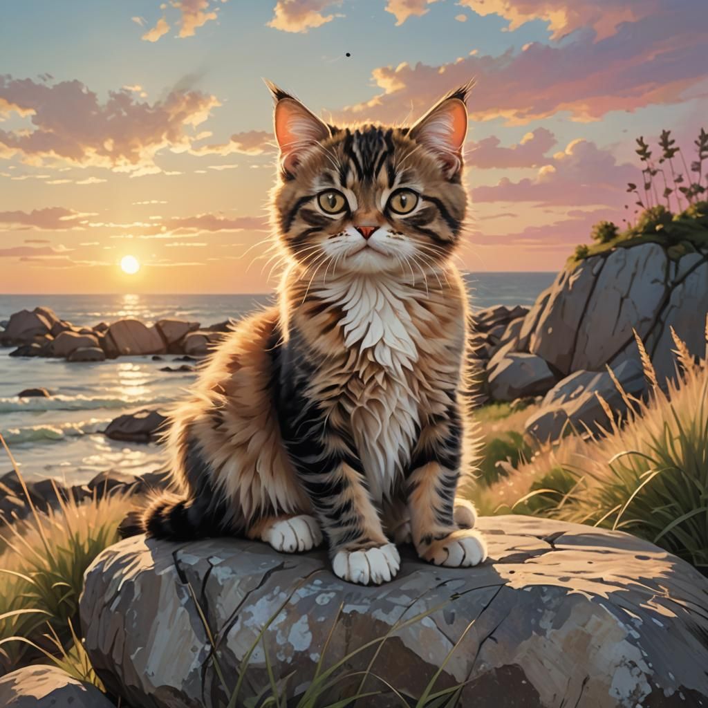 Grumpy Kitten's Pastel Beach Sunset View
