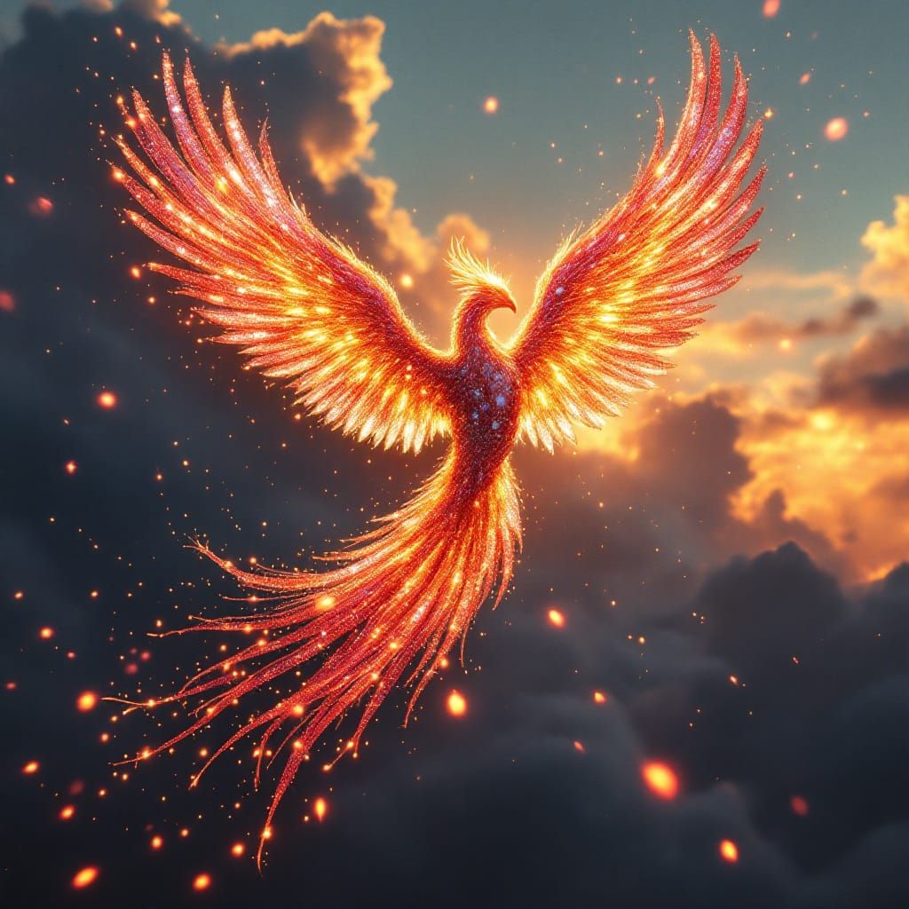 Majestic Phoenix in Iridescent Sequins Descends into Vibrant...