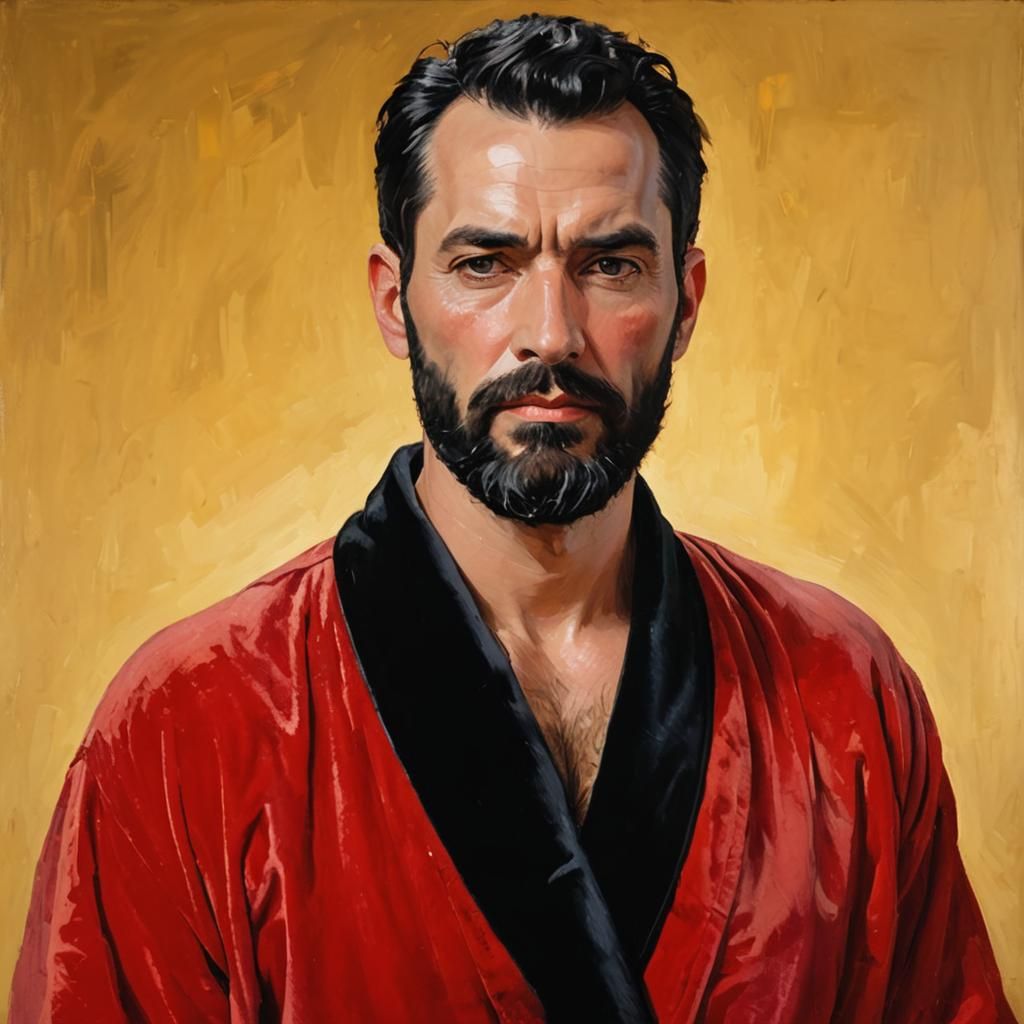 Serene Bearded Man in Red Robe: Impressionist Oil Painting