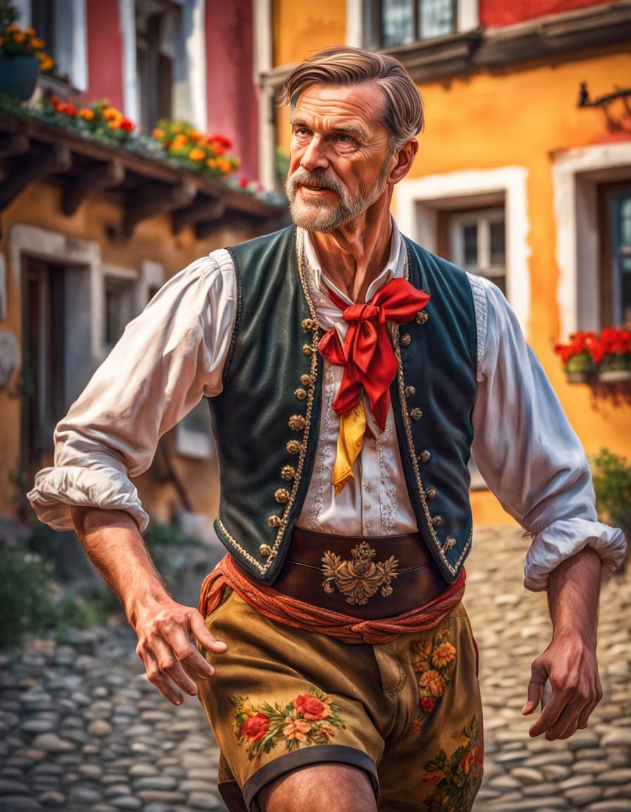 German Man Dancing in Tracht Shorts: Hyperrealistic Splash A...
