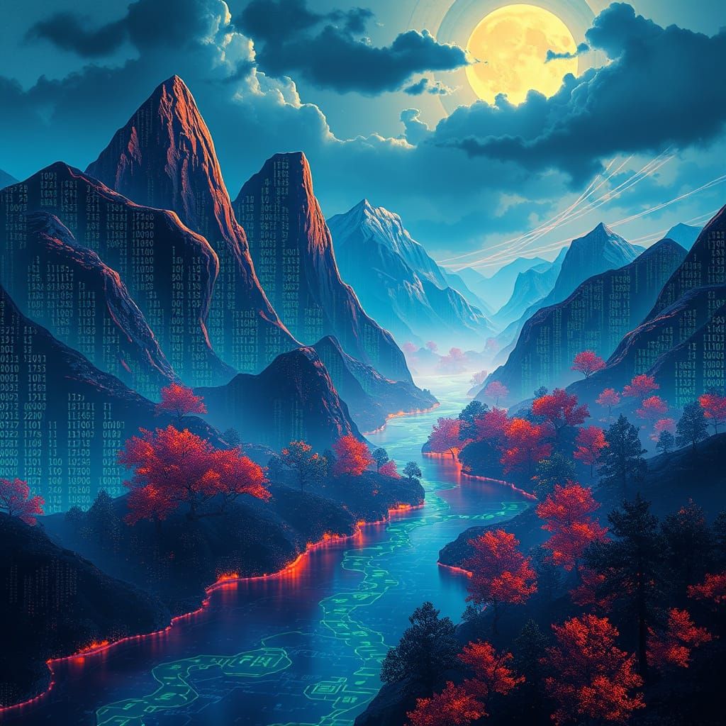 Digital Landscape of Code Mountains and Hex Rivers