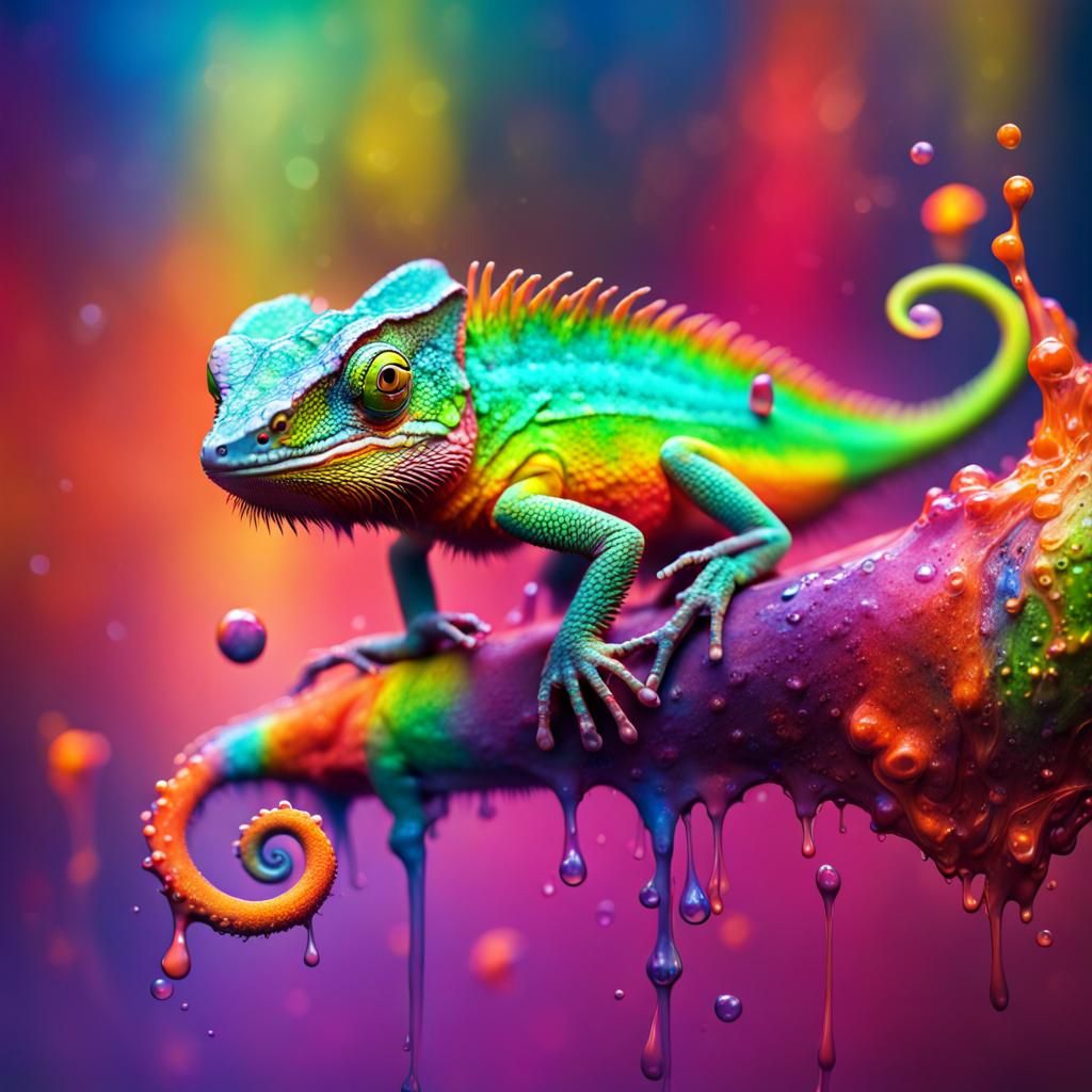 Colorful Chameleon on Splashes: Fantasy Artwork