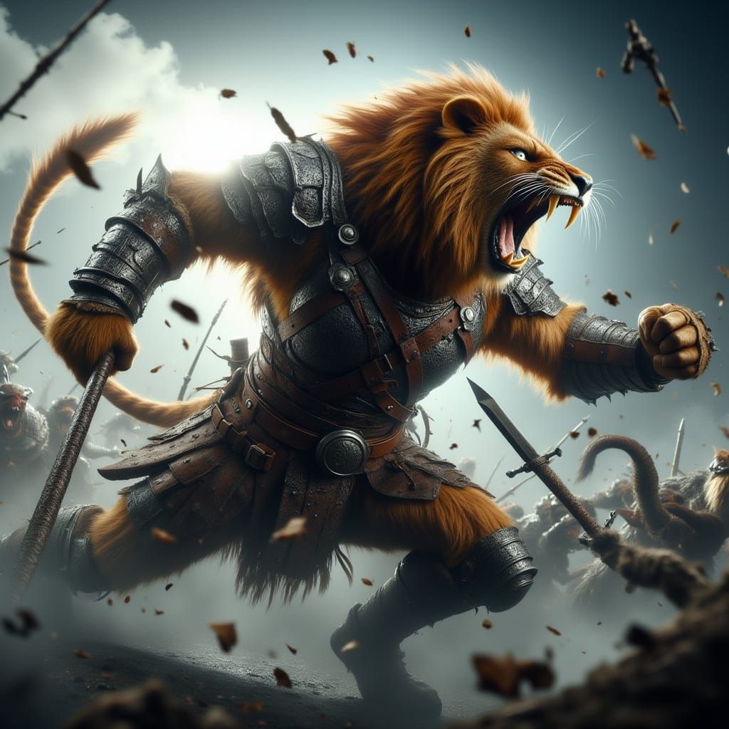 Armored Lion Warrior in Mystic Landscape