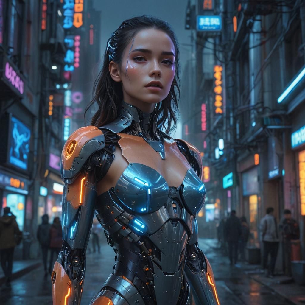 Hyperrealistic Robot Girl in Neon Cityscape