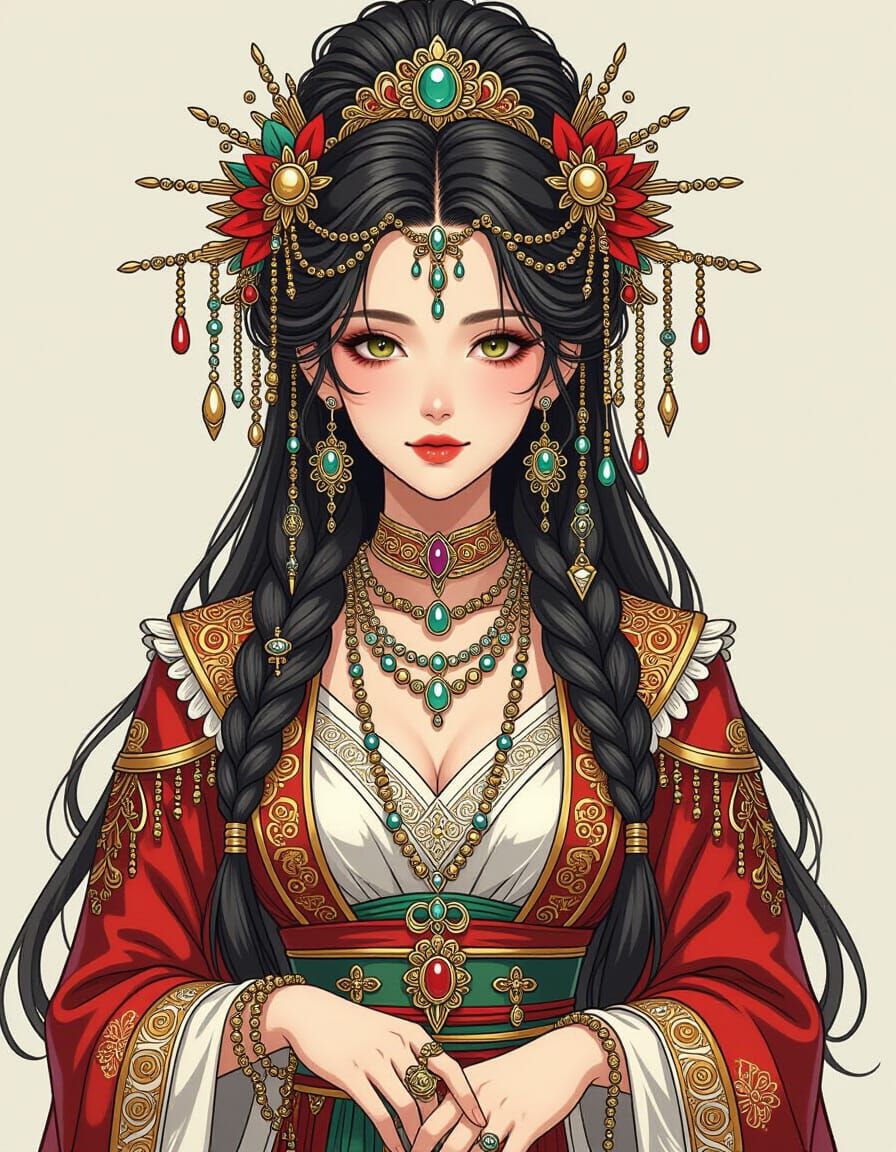 Enchantress in Ornate Fantasy Garments, Anime Illustration