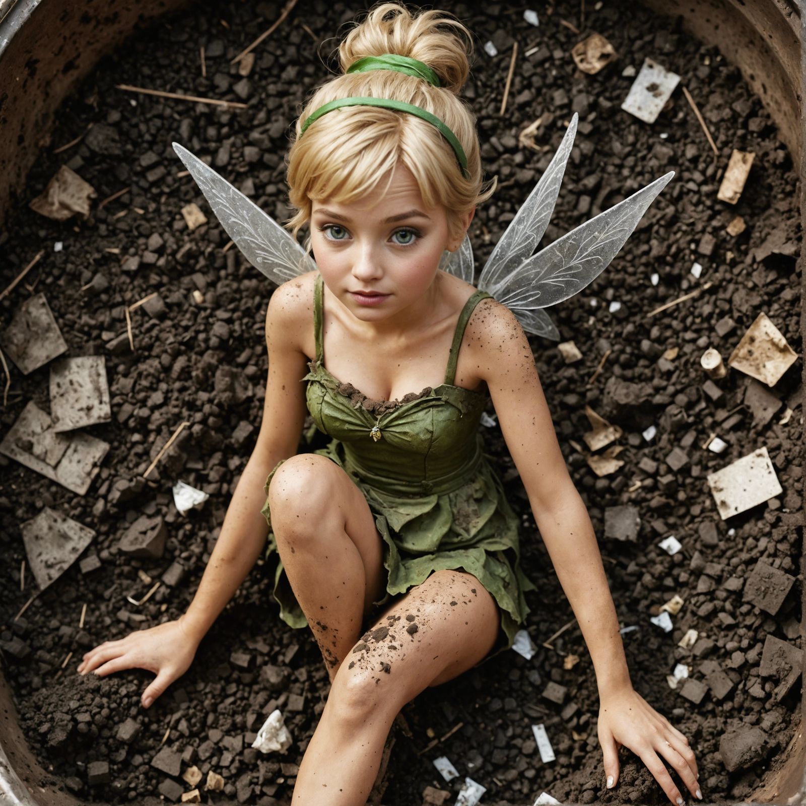 Tinkerbell Covered in Dirt, Sitting in Garbage