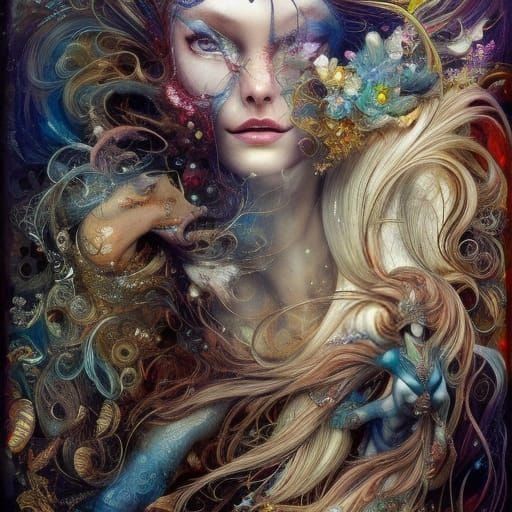 Ornate Fantasy Woman Sinking into Storybook