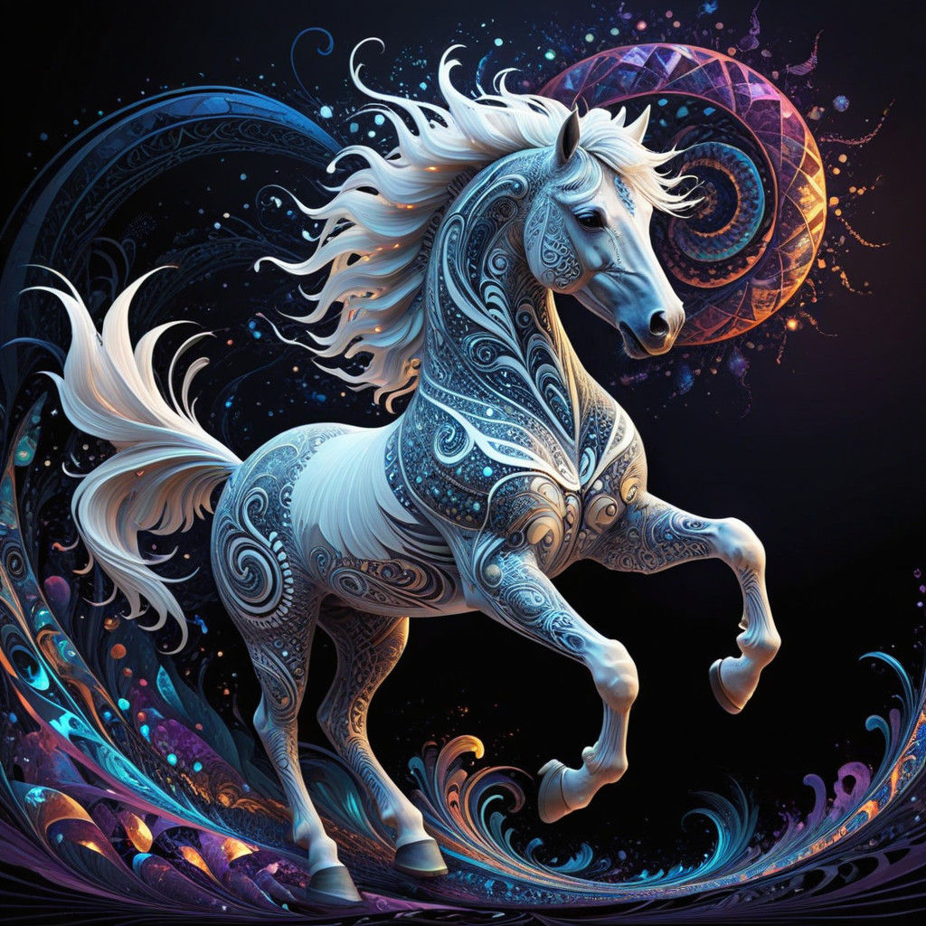 Ethereal White Horse with Castle Mane in Vibrant Fractal Det...