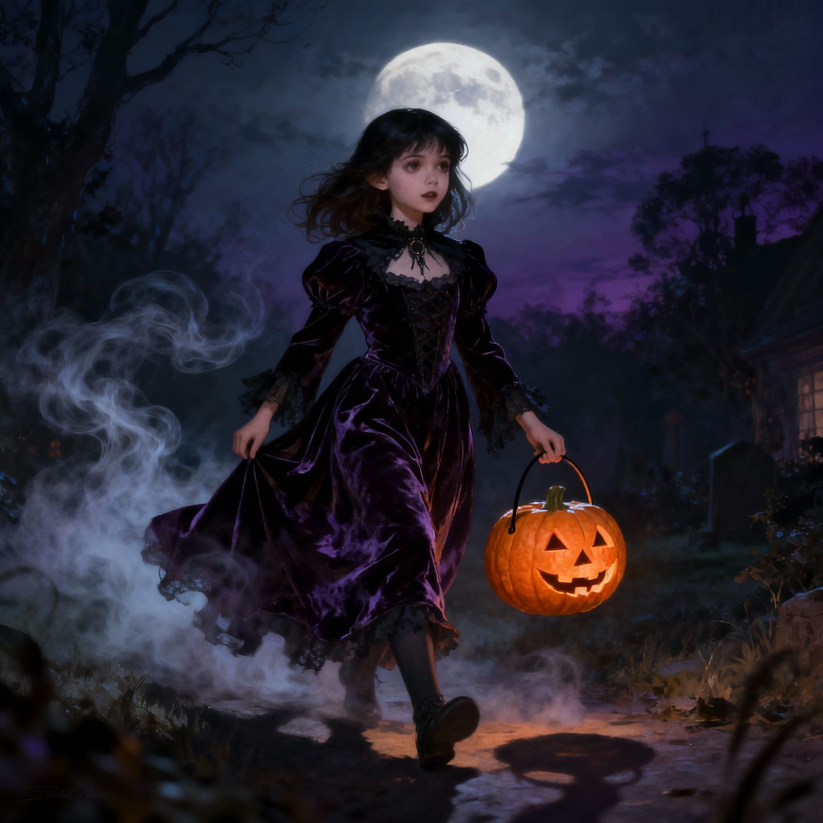 Cute Gothic Daphne Trick-or-Treating in Ethereal Moonlight