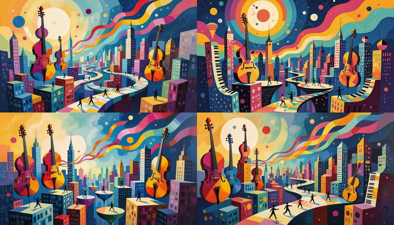 Dreamlike Cityscape of Musical Instruments and Sound Waves