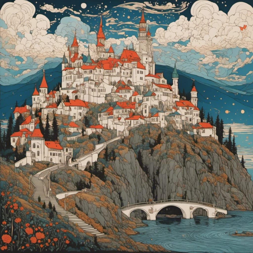 Island Castle in Palekh Miniature Style