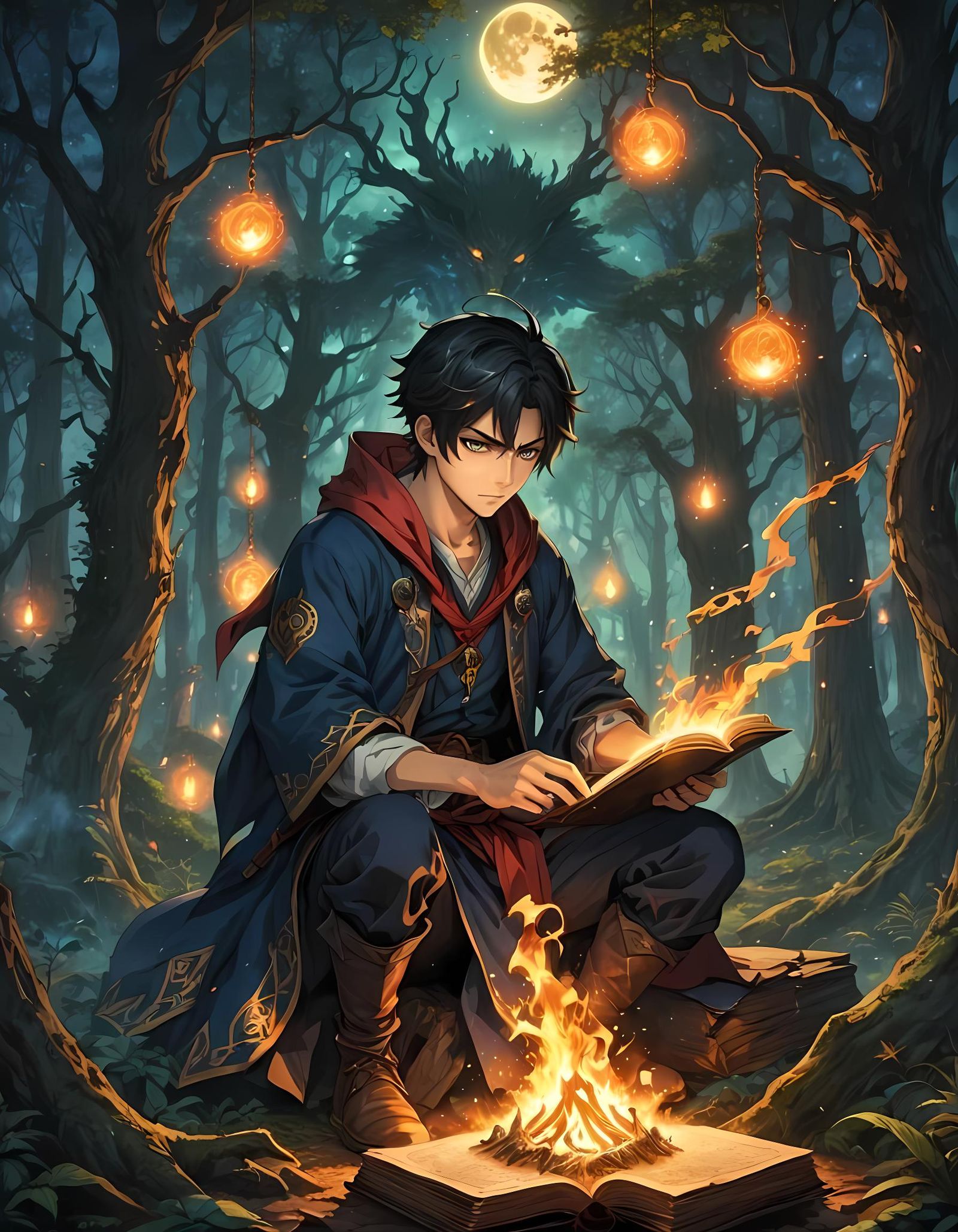 Anime Sorcerer Burns Sigil in Moonlit Forest