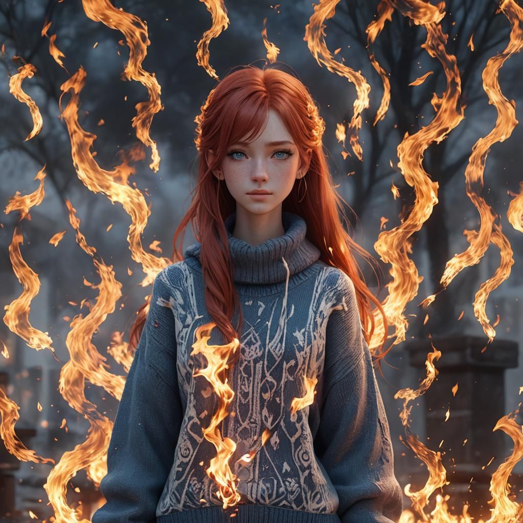 Anime Girl Surrounded by Fire: 3D Rendered Art