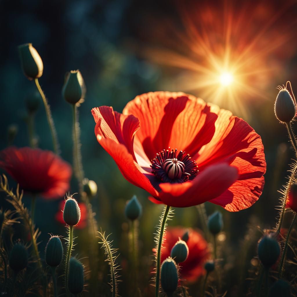 Glorious Red Poppy Flower in a Fantasy Forest