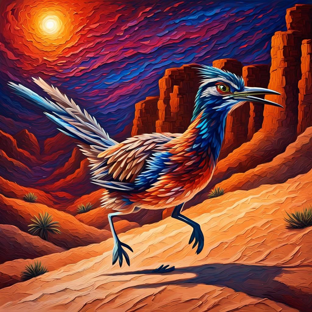 Roadrunner in Desert Canyon: Impasto Oil Painting