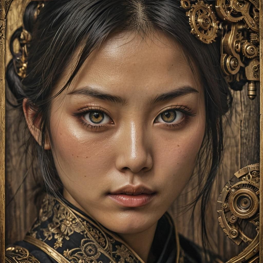 Charming Japanese Woman in Antique Steampunk Print