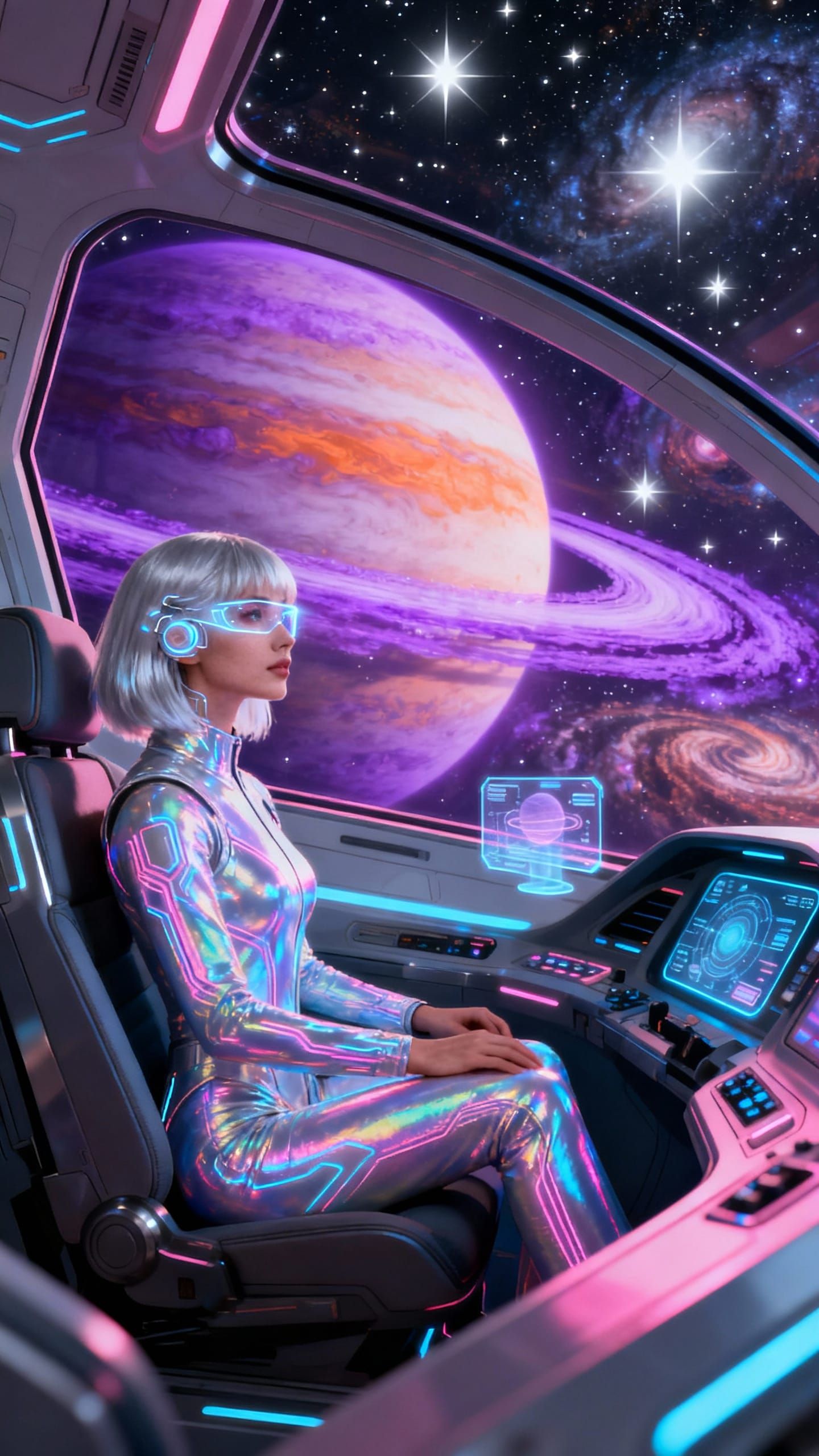 Futuristic Woman in Spaceship Gazing at Stars