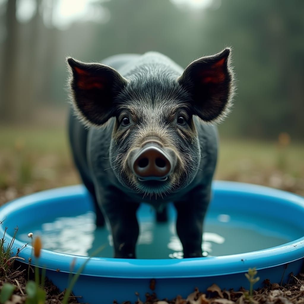 Black Pig Cooling Off in Wading Pool