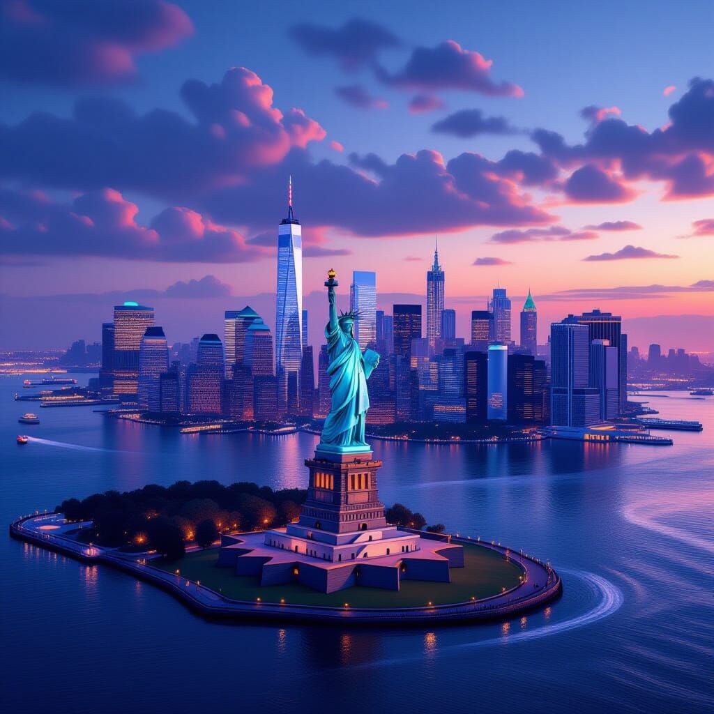 Futuristic NYC Skyline at Dusk with Statue of Liberty