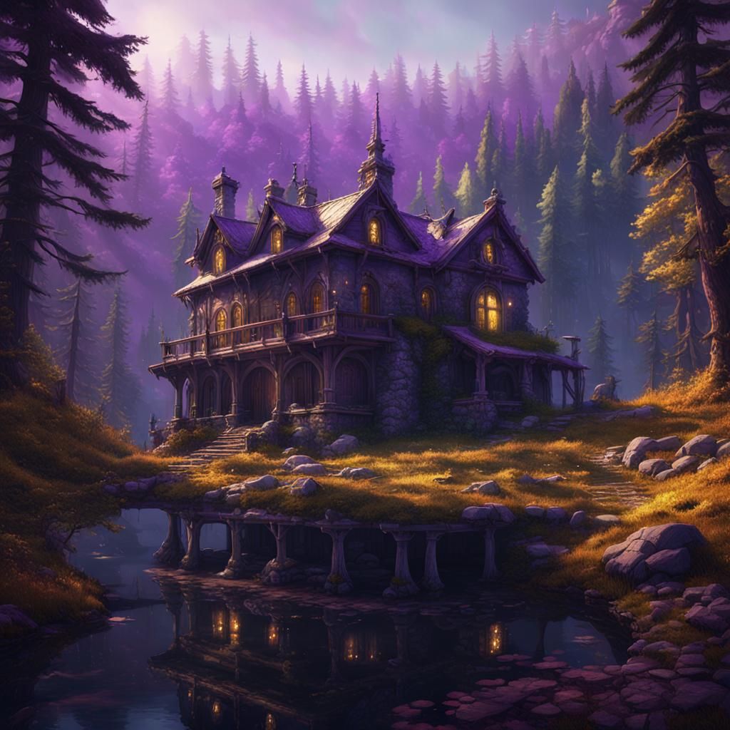 Abandoned Lodge in Mountain Forest: Dark Fantasy Art