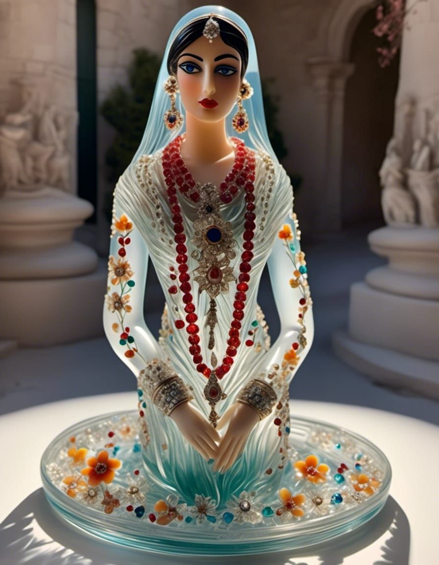 Glass Sculpture of Palestinian Woman with Flowers