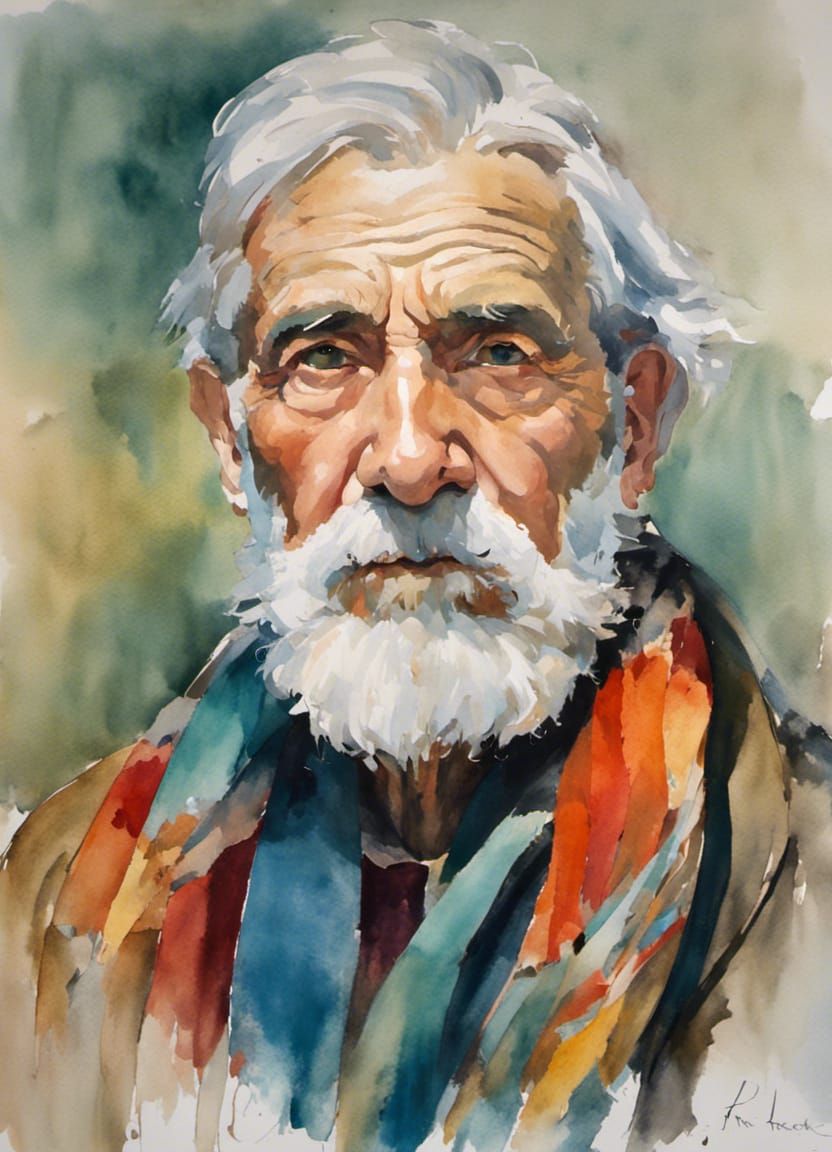 Soulful Old Man Portrait in Watercolor Style