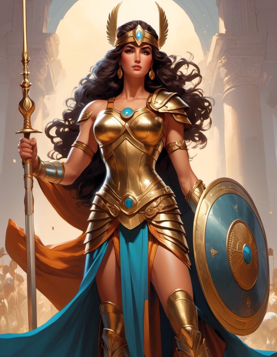 Alluring Greek Goddess Athena with Spear and Shield